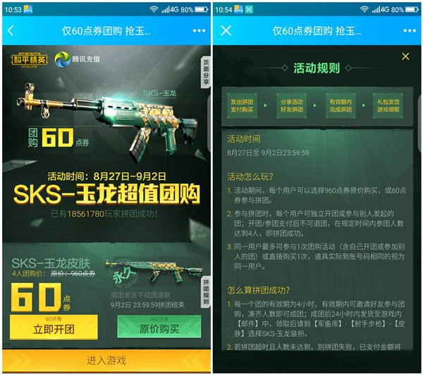 和平精英拼团60点券抢SKS-玉龙皮肤_拼团有效期4个小时